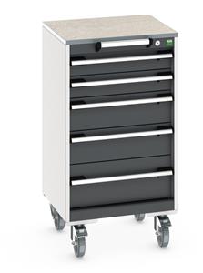 cubio mobile cabinet with 5 drawers & lino worktop. WxDxH: 525x525x990mm. RAL 7035/5010 or selected Bott Mobile Storage 525 x 525